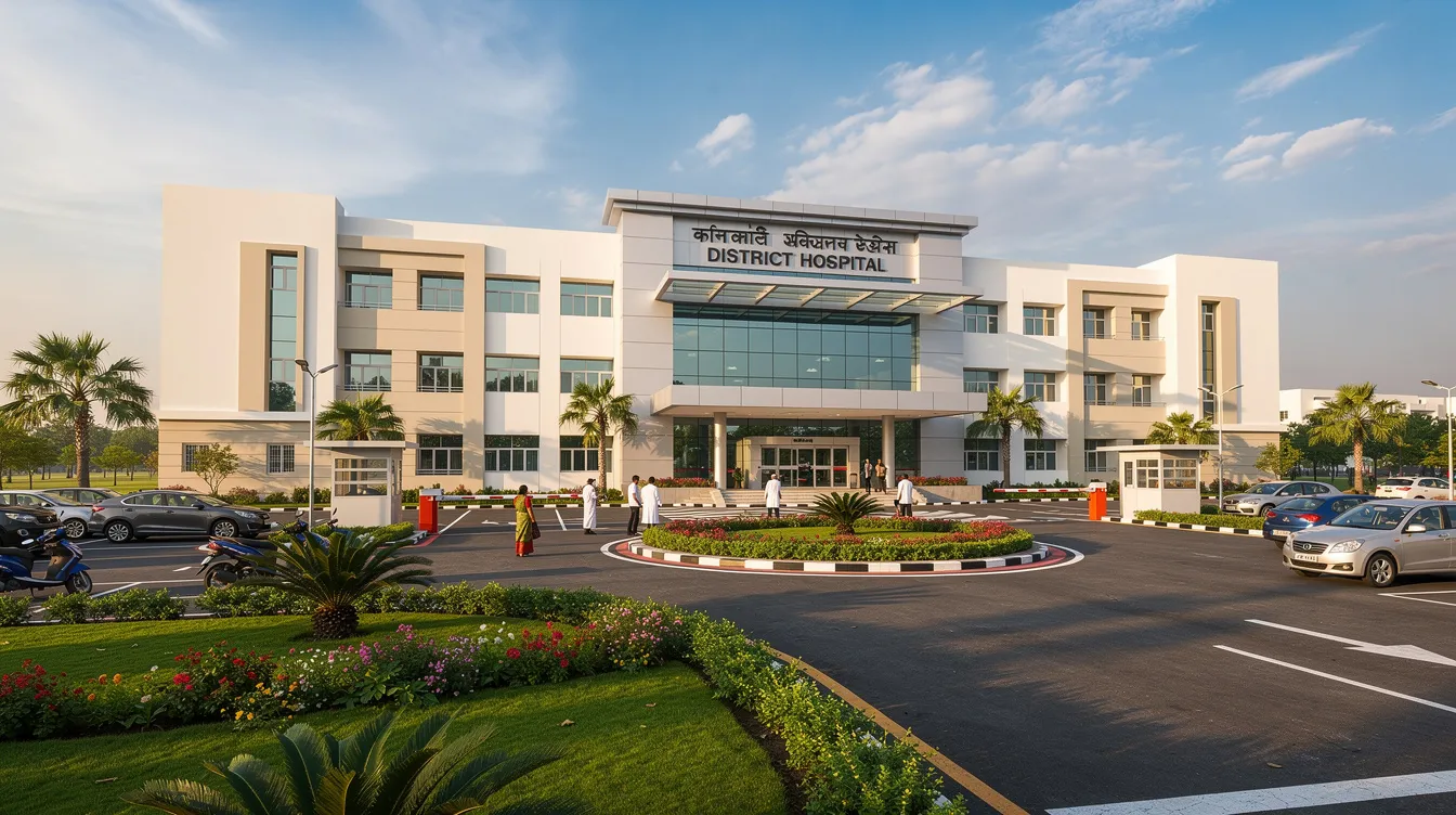 The image shows a wide-angle view of an Indian district hospital's exterior, featuring a beautifully landscaped entrance and a well-organized parking area. This facility is designed to provide quality medical services and advanced medical equipment, highlighting the importance of healthcare projects and infrastructure in the community.