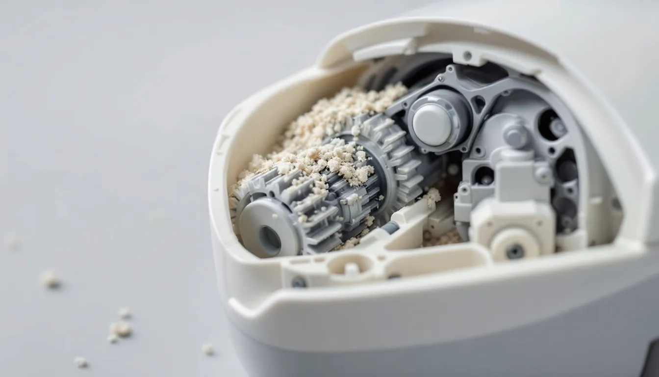 Close-up van het draaimechanisme van een semi automatische kattenbak, dat zorgt voor een efficiënt en snel schoonmaakproces. Dit mechanisme helpt bij het minimaliseren van nare geurtjes en maakt het gebruiksgemak van de kattenbak optimaal.