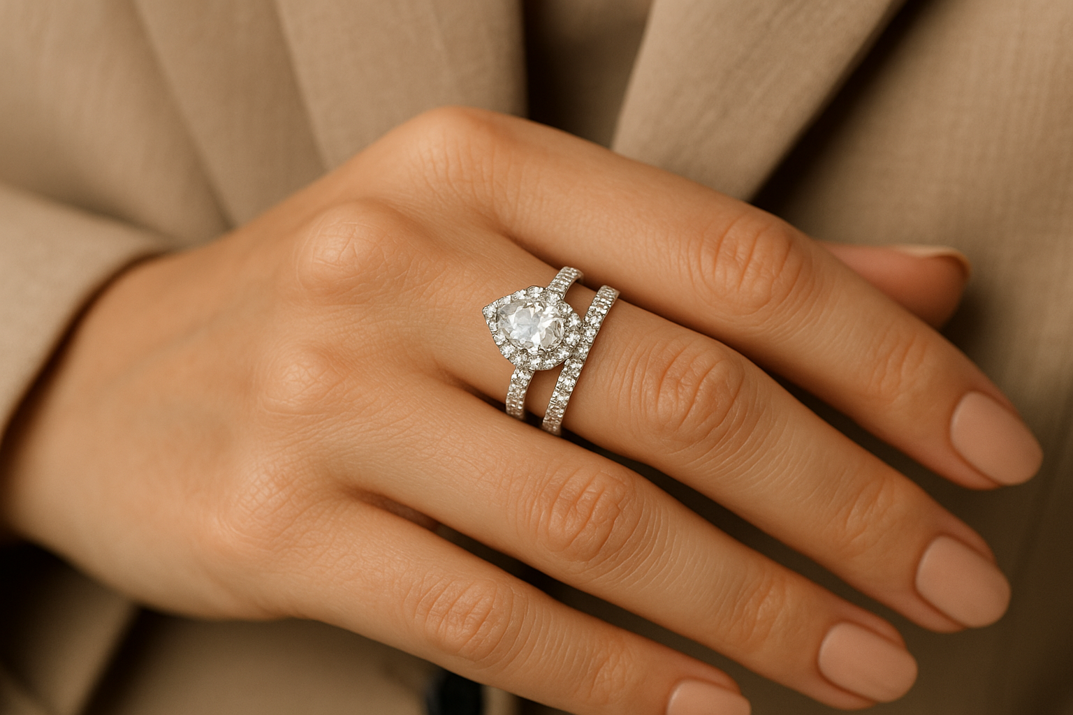 Lašo formos deimanto halo sužadėtuvių žiedas ir deimantinė juostelė nėra suglausti lieka tarpas, elegantiškai puošiant stilingos merginos pirštą