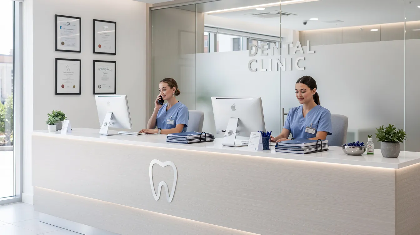 The image shows a modern dental practice front desk with staff members efficiently working at computers, likely managing dental billing and insurance claims for patients. The environment reflects a professional atmosphere focused on providing quality dental services and effective management of healthcare providers' billing processes.
