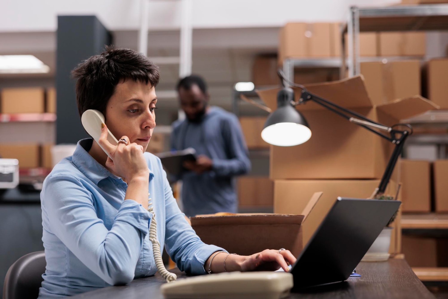 Warehouse staff member uses a streamlined phone solution while managing logistics, demonstrating how simple business phone systems support affordable communication needs.