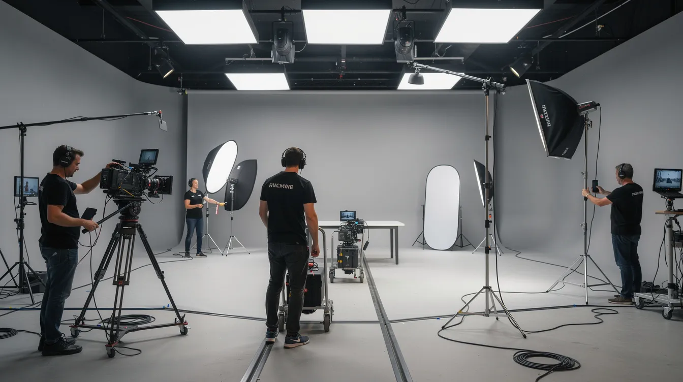 A professional video production crew is seen setting up cameras and lighting equipment on a commercial set, showcasing their technical expertise and creative vision as they prepare for a video project aimed at delivering high-quality video content. The production team is focused on ensuring a polished final product that aligns with the brand's identity and marketing campaigns.