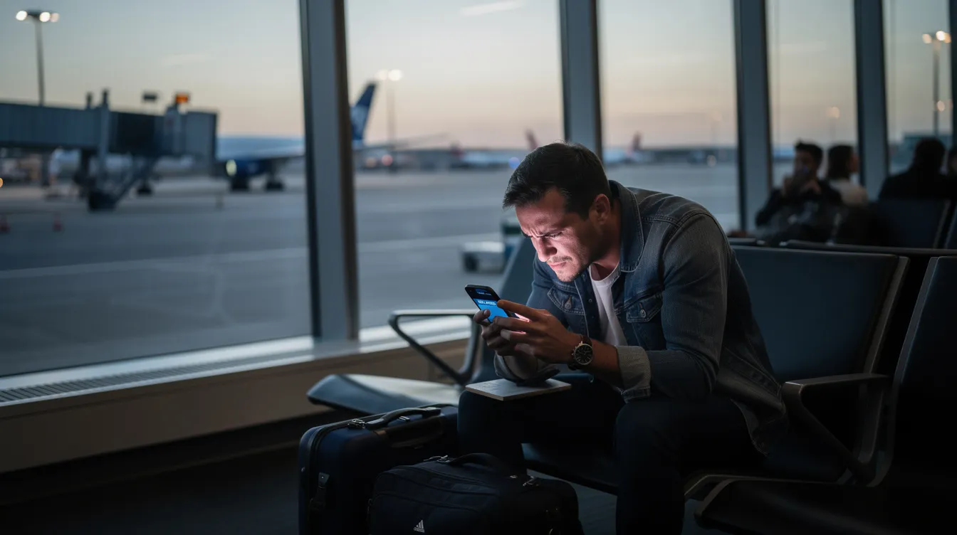A frustrated traveler sits near an airport window, staring at their phone screen, likely checking for important information about their travel plans, such as visa application status or required documents for their trip. The expression on their face suggests they are double-checking the details to ensure they have a valid passport and all necessary approvals for their journey.