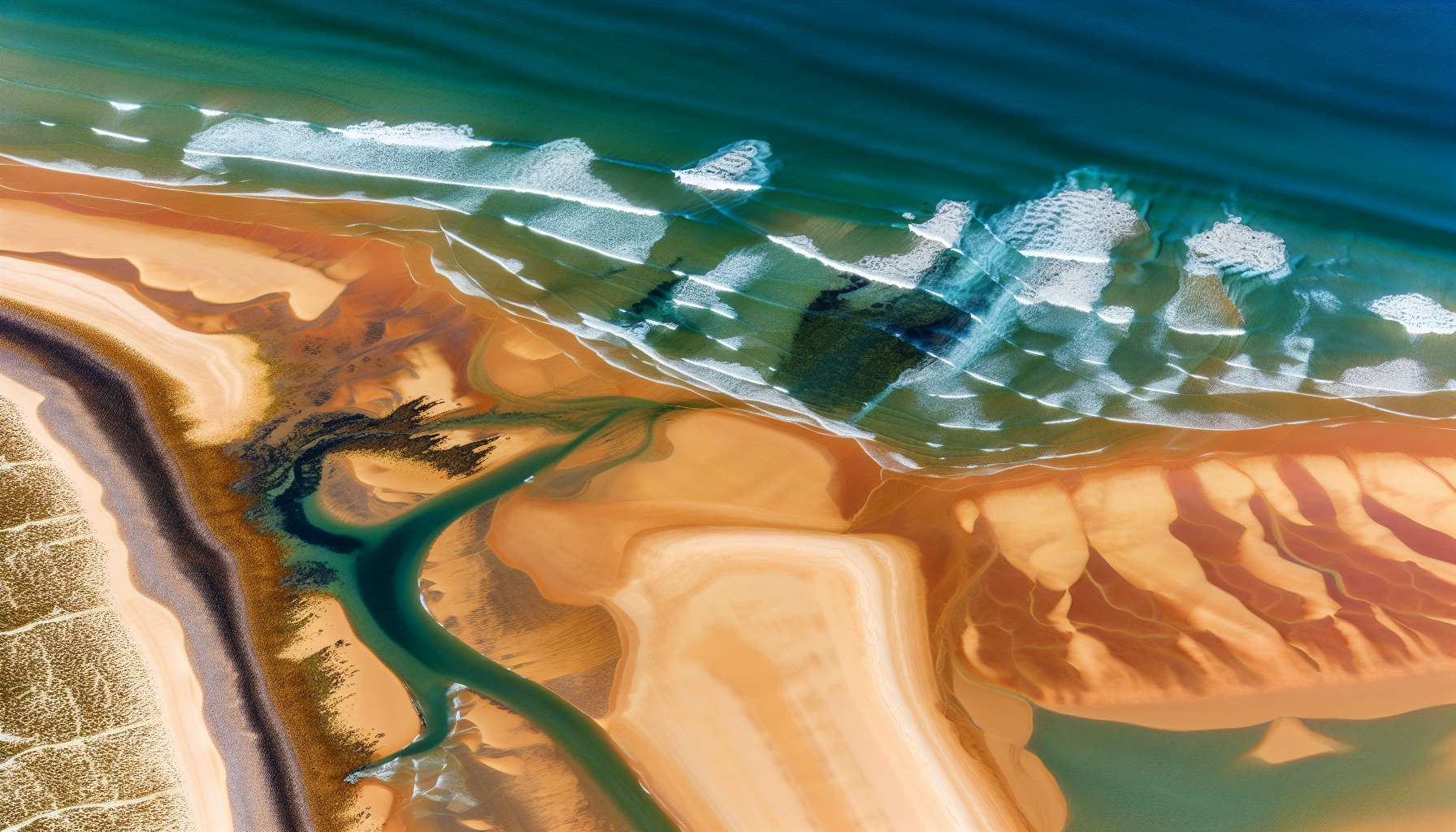 Aerial view of a coastal area with sandy beaches and ocean waves