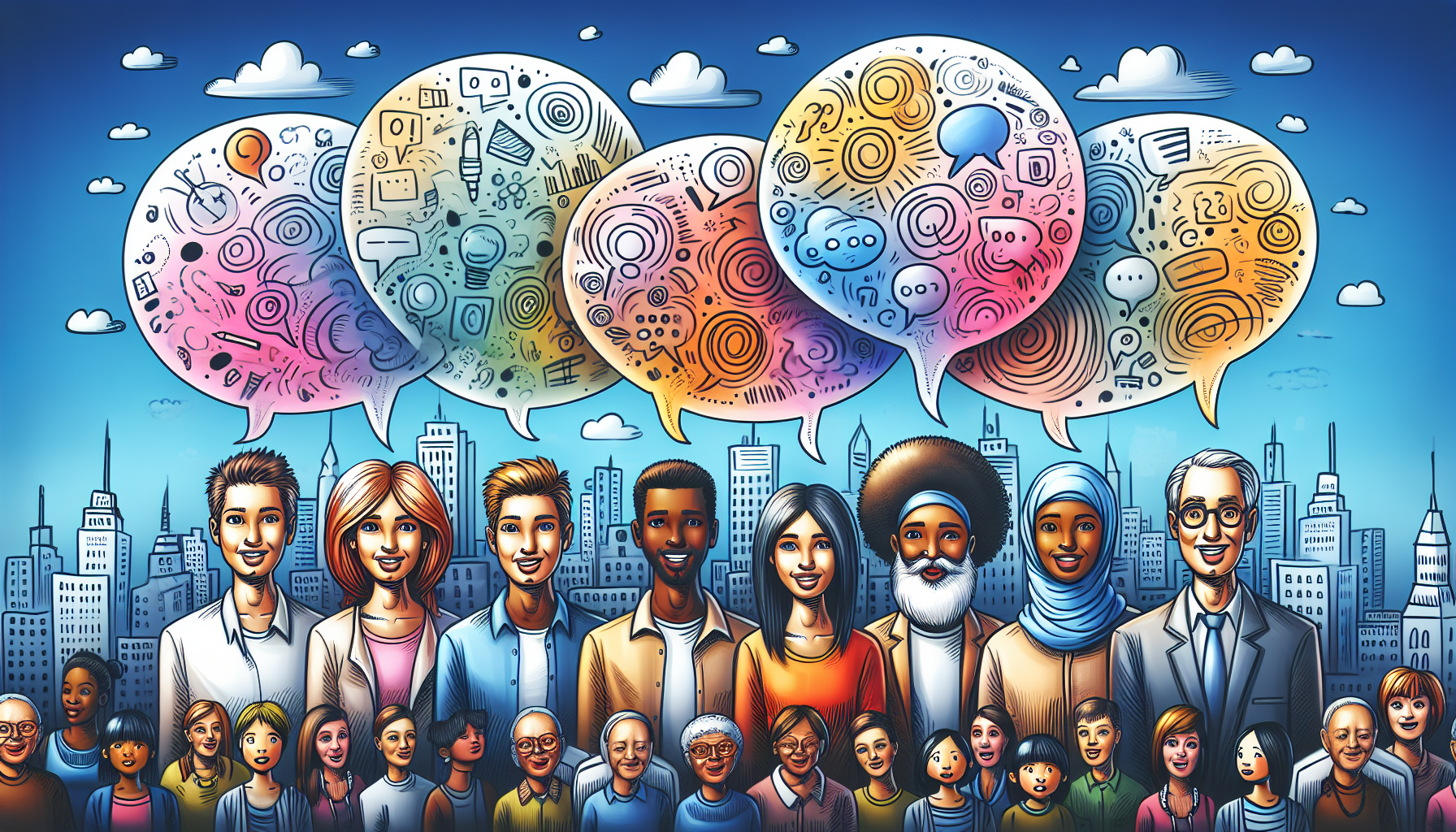 Illustration of diverse group of people with speech bubbles