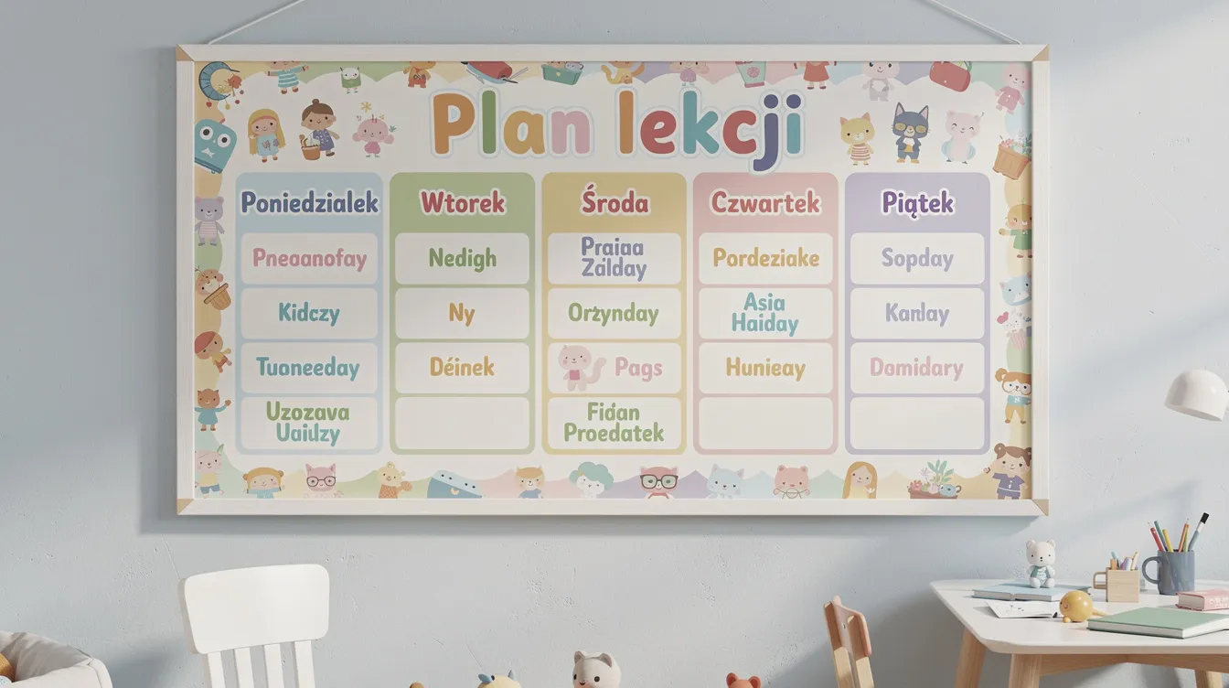 Na kolorowym planie lekcji wiszącym na ścianie w pokoju dziecka widoczne są dni tygodnia oraz przedmioty obowiązkowe w 6 klasie szkoły podstawowej, takie jak język polski, matematyka, geografia i wychowanie fizyczne. Plan ten pomaga uczniom w organizacji zajęć szkolnych i przypomina o różnych lekcjach w ciągu tygodnia.