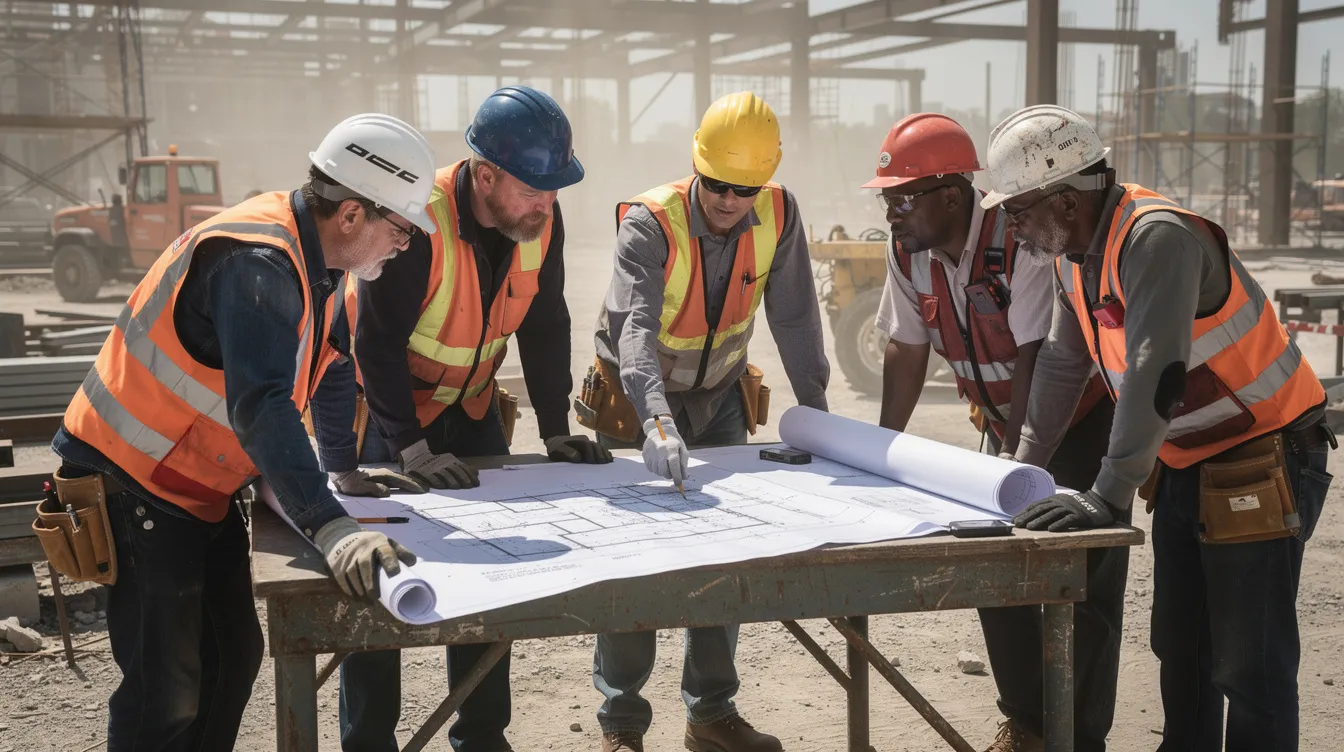 A group of construction workers is gathered around a jobsite table, intently reviewing large blueprint drawings for a construction project. They are discussing project scope and potential unforeseen costs, ensuring proper financial planning and contingency management to cover unexpected expenses.