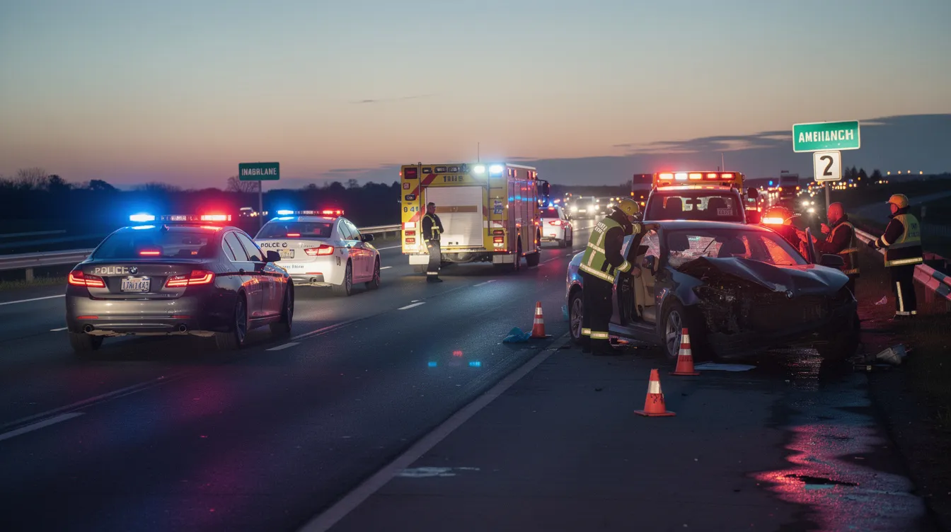 The image depicts emergency vehicles, including police cars and ambulances, at a car accident scene on a highway during dusk. The scene highlights the aftermath of a crash involving a teenage driver, emphasizing the importance of safe driving habits and adherence to traffic laws.