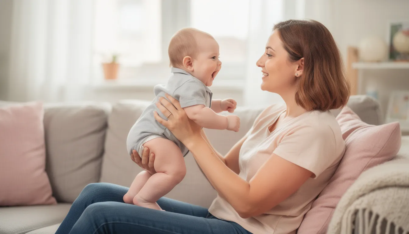 Rodzic trzyma niemowlę w prawidłowej pozycji podczas zabawy, co sprzyja symetrycznemu ustawieniu główki dziecka. Taka pielęgnacja wspiera prawidłowy rozwój motoryczny i pomaga w rehabilitacji asymetrii ułożeniowej.
