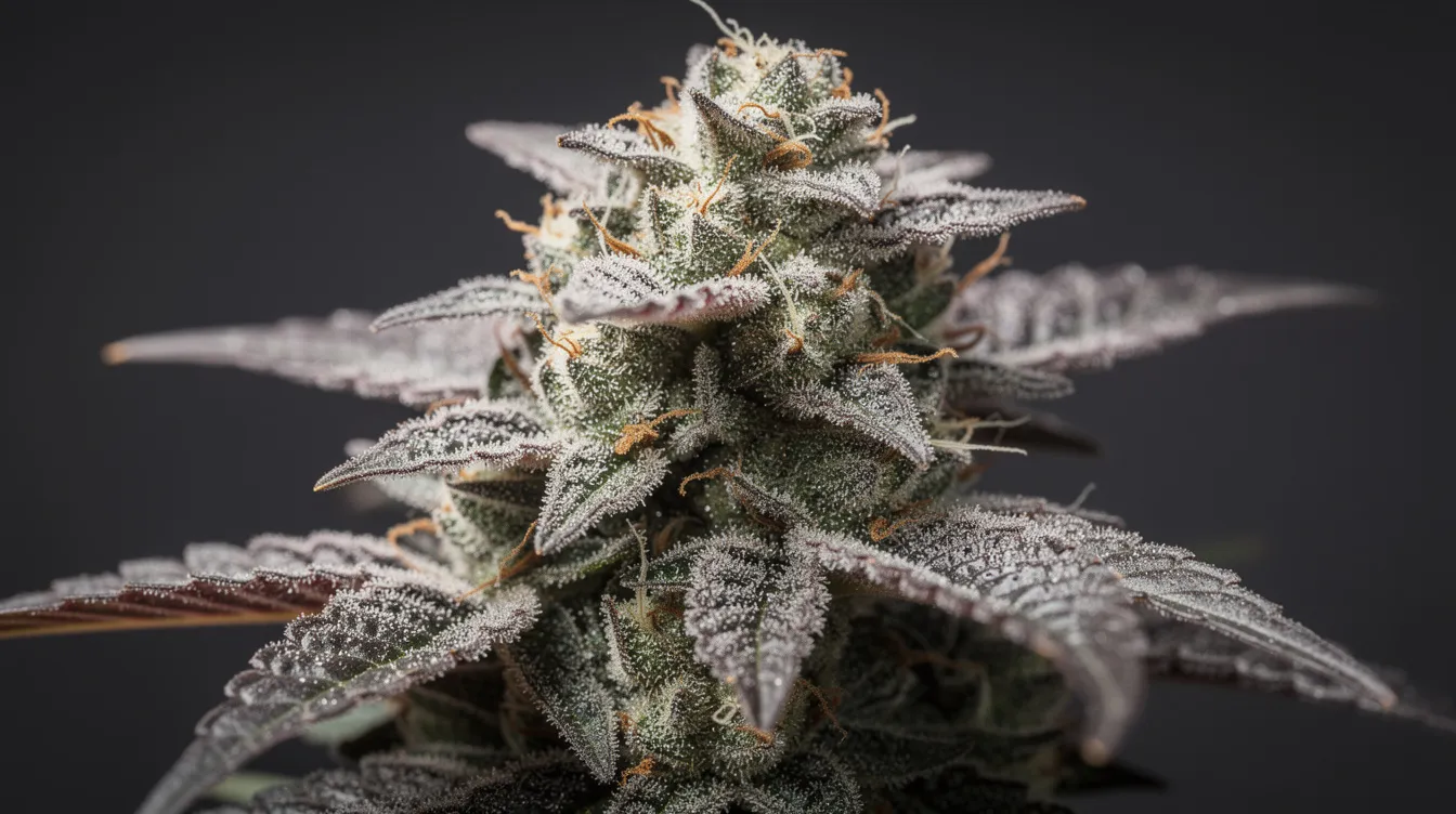 A close-up photograph showcases frosty cannabis buds, densely covered in white trichomes, against a dark background. The vibrant, resin-heavy flowers hint at delightful flavors of lemon and cherry, evoking a calming aroma that promises soothing effects and a brighter mood.