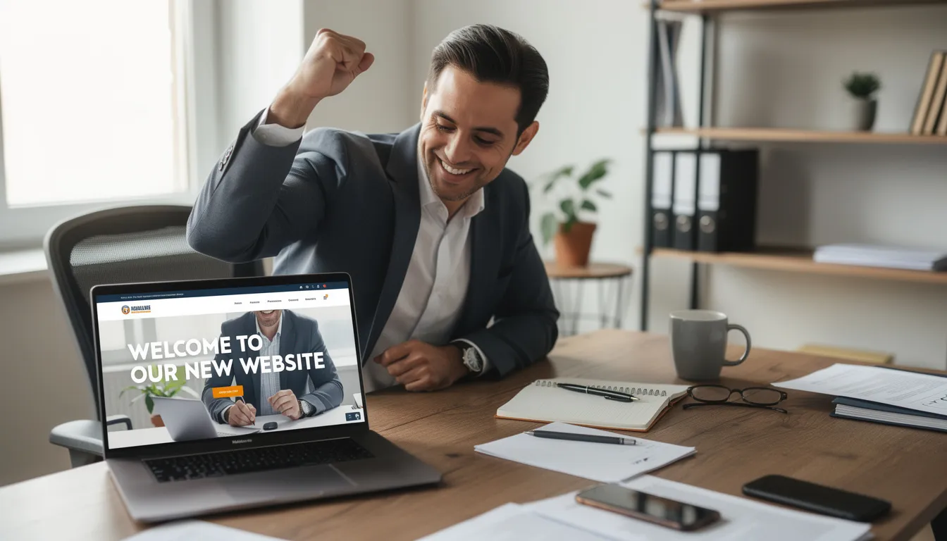 A business owner joyfully celebrates in front of a laptop displaying their newly created professional website, showcasing a user-friendly interface and customizable options. The scene highlights the excitement of achieving business growth through effective digital marketing and a unique domain.