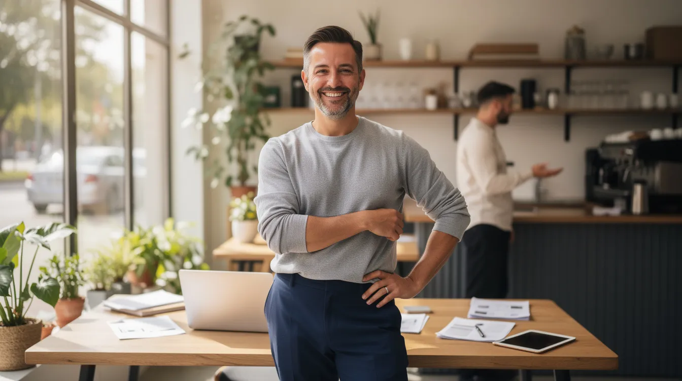 A confident small business owner stands proudly in a enstablishment serving customers, reflecting success after securing essential funding for their company. This moment symbolizes hope and growth for small businesses, emphasizing the impact of debt financing to acquire money to pay salary requirements and invest in business savings. The image conveys a worry free provession without concerns.