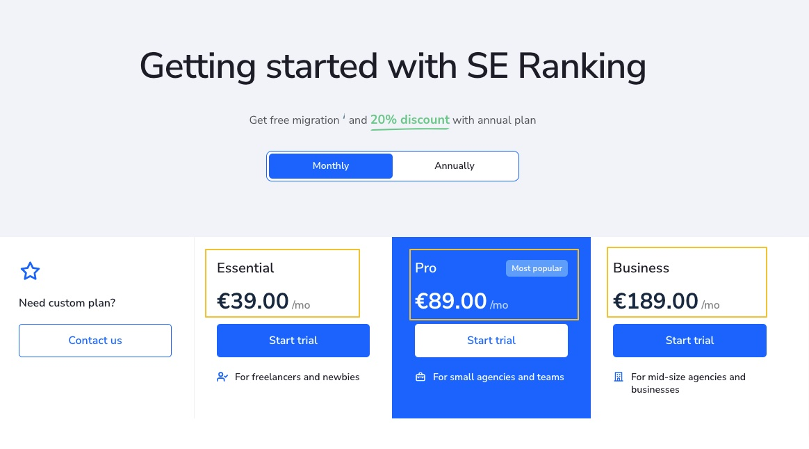 SE ranking pricing plans