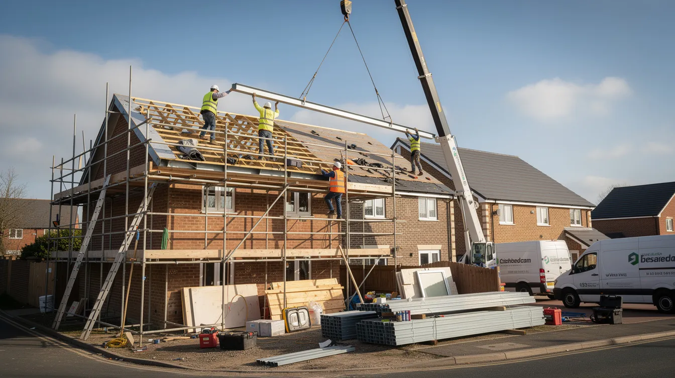 Construction workers are seen installing steel beams on the roof of a semi-detached house, which is undergoing a loft conversion. This work may involve considerations under the party wall act, particularly if it affects the shared wall with the adjoining owner's property.