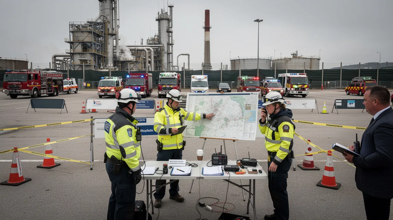 An emergency response team is coordinating near an industrial facility during a large-scale drill exercise, focusing on risk management and assessing safety hazards. The team is equipped with personal protective equipment, engaging in the risk assessment process to identify potential health risks and implement effective strategies to minimize risks associated with hazardous chemicals.
