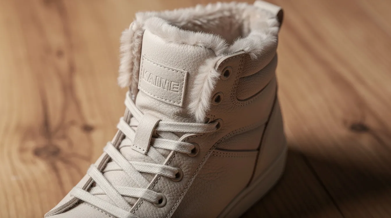 Die Nahaufnahme zeigt einen High Top Sneaker mit sichtbarem Fellfutter, der auf einer Holzoberfläche steht. Dieser gefütterte Sneaker ist ideal für die kalte Jahreszeit und bietet sowohl Komfort als auch Stil für Damen.