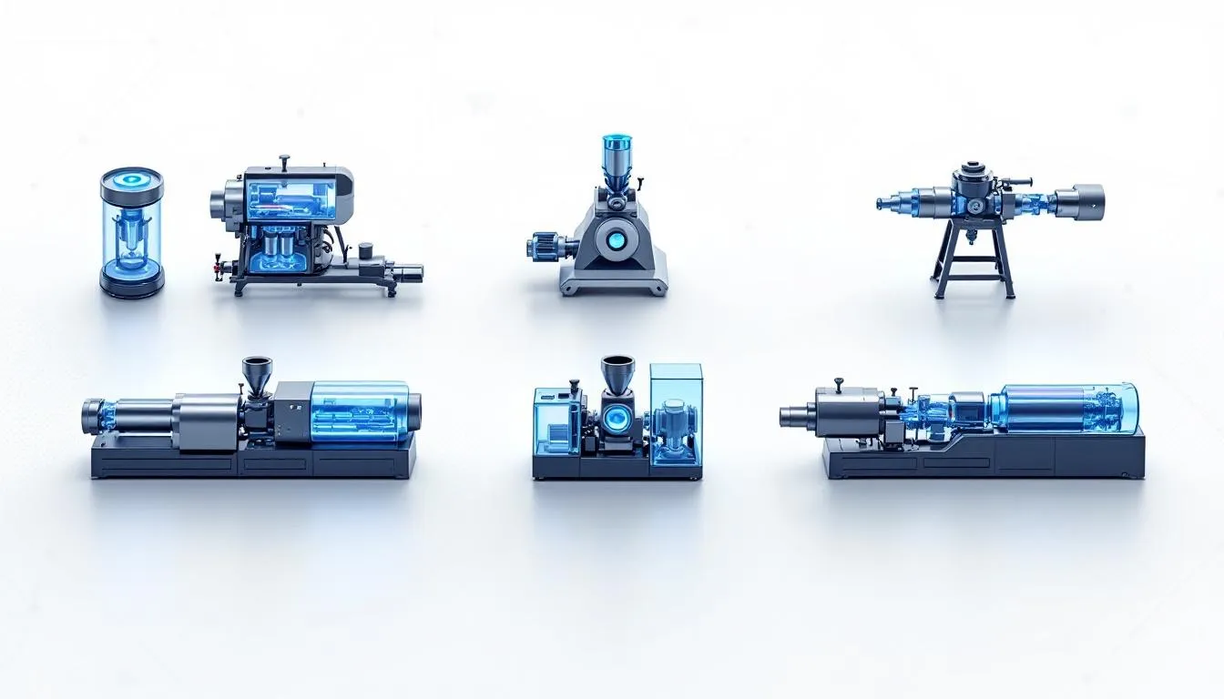 Different types of recycling extruders displayed.