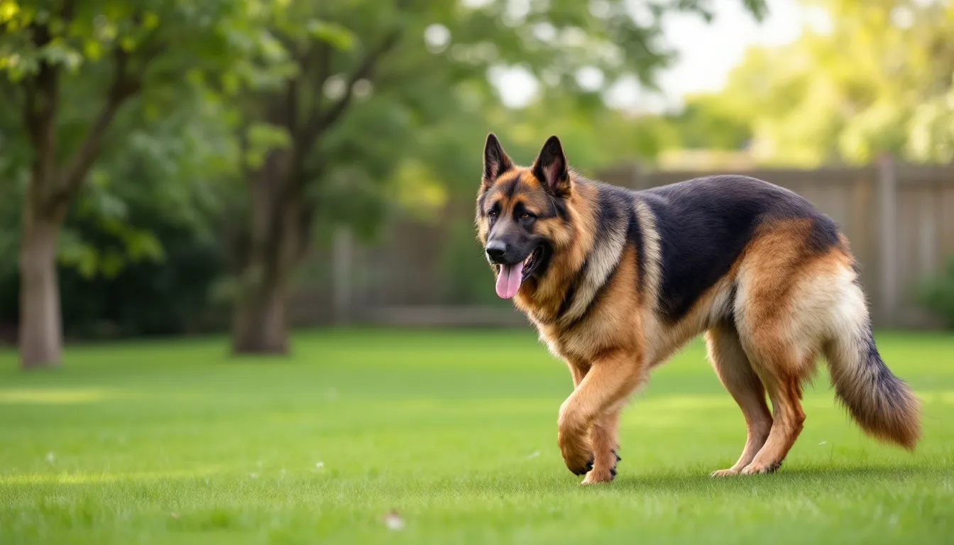 A large breed dog is seen walking with a noticeable limp, indicating signs of hip discomfort, which may be related to hip dysplasia or joint pain. The dog's back legs appear stiff, reflecting potential issues with its hip joints that can affect mobility and overall well-being.