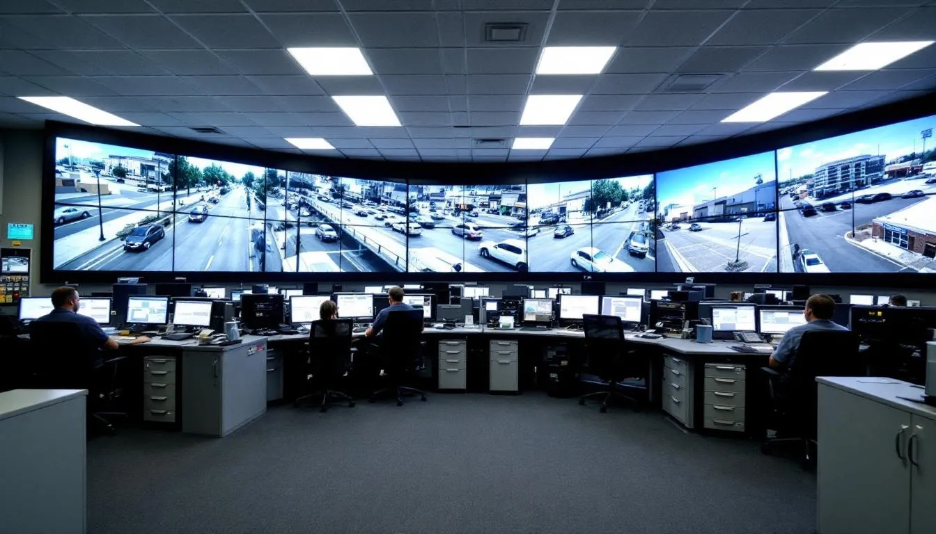 En la imagen se muestra un centro de monitoreo de seguridad, donde m&uacute;ltiples pantallas exhiben im&aacute;genes de c&aacute;maras de vigilancia. Este lugar es esencial para garantizar la protecci&oacute;n de bienes y personas, reflejando el compromiso y la responsabilidad del equipo en el sector de seguridad.