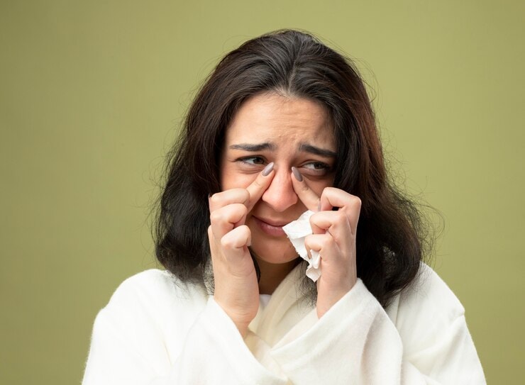 Close up view of woman wearing robe with sinus infection