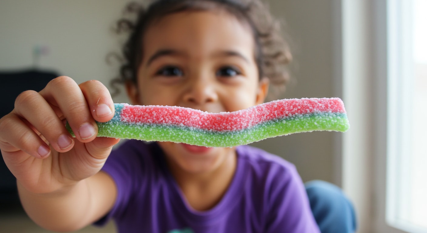 A young girl holding a Sour Belt gummy