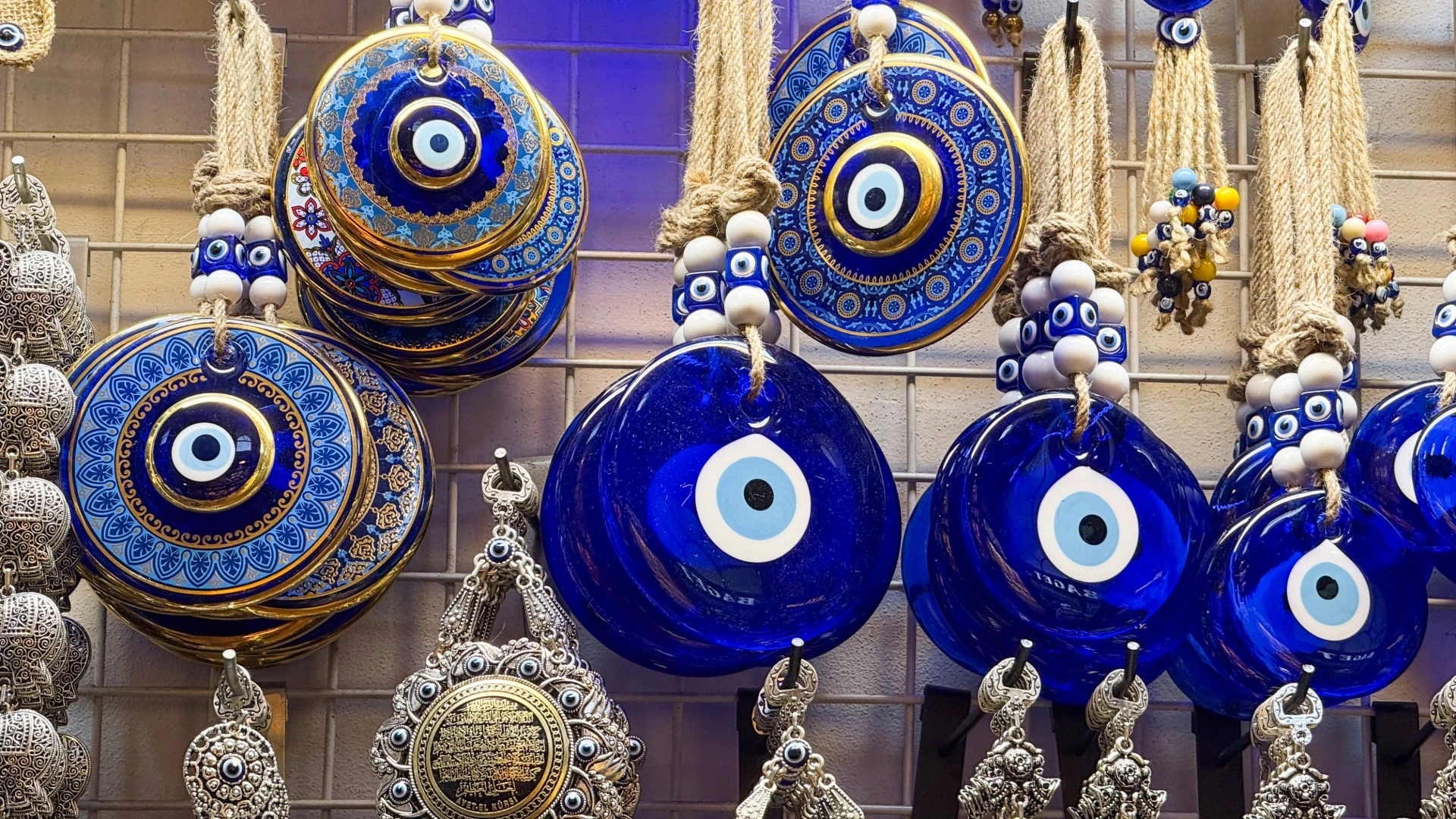 Evil Eye Amulets of different size colours and sizes for protection.