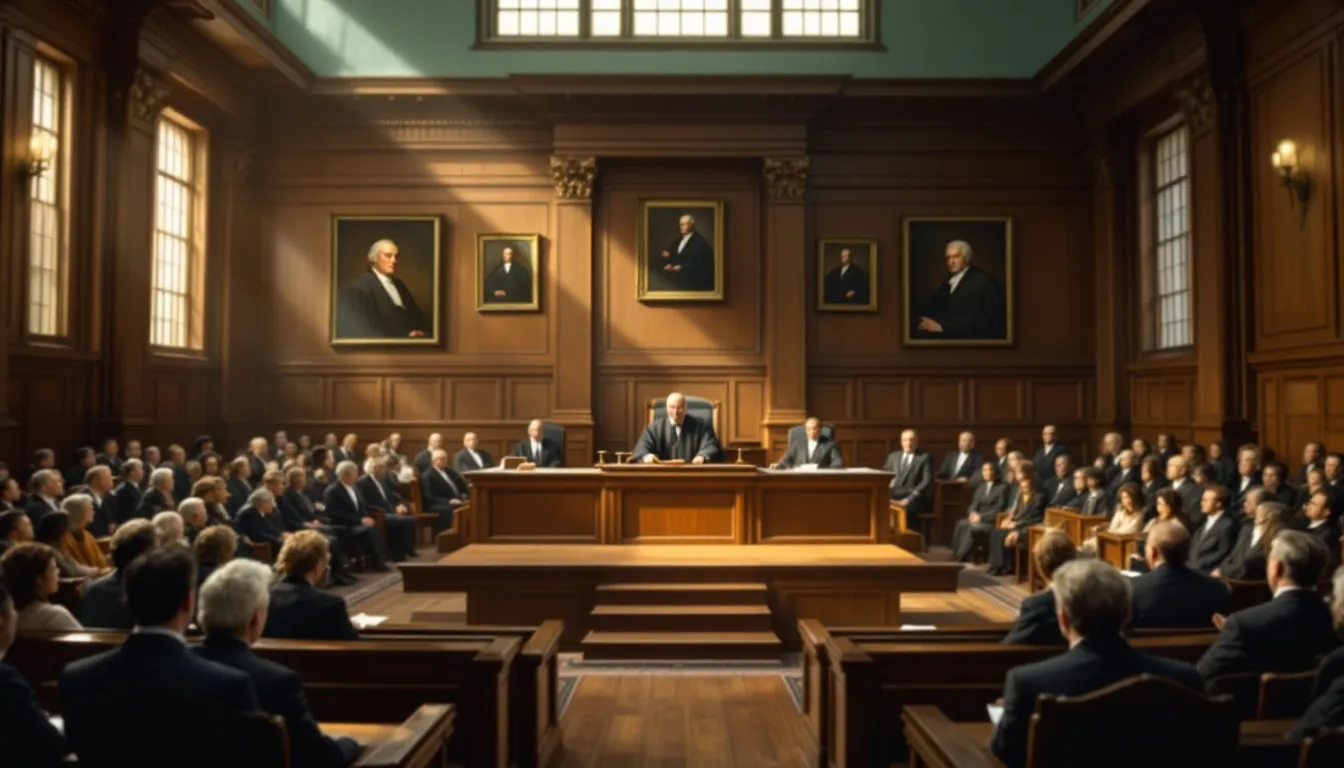 An interior view of a law court, specifically a district court, featuring a spacious courtroom with wooden benches, a judge's bench, and a public seating area. The scene conveys a formal atmosphere where cases are heard, and individuals may be seeking information or filing requests at the clerk's office.