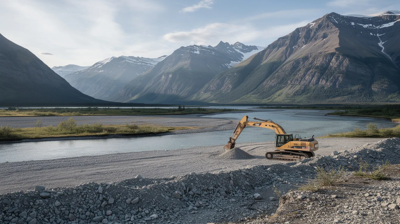 Die weite Landschaft Alaskas zeigt ein malerisches Flusstal, umgeben von majestätischen Bergen im Hintergrund, während ein Bagger auf einer Kiesfläche steht, bereit für die Goldsuche im Goldrausch. Diese Szene erinnert an die Abenteuer von Goldschürfern wie Parker Schnabel, die in der Discovery Channel Serie "Goldrausch in Alaska" ihre Goldausbeute maximieren.