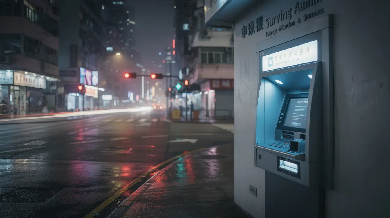An ATM machine stands on a quiet street in Hong Kong at night, illuminated by the soft glow of city lights in the background. This scene captures the essence of urban life, where individuals may seek financial services like 小額 貸款 or 即時 批 核 for their immediate cash needs.