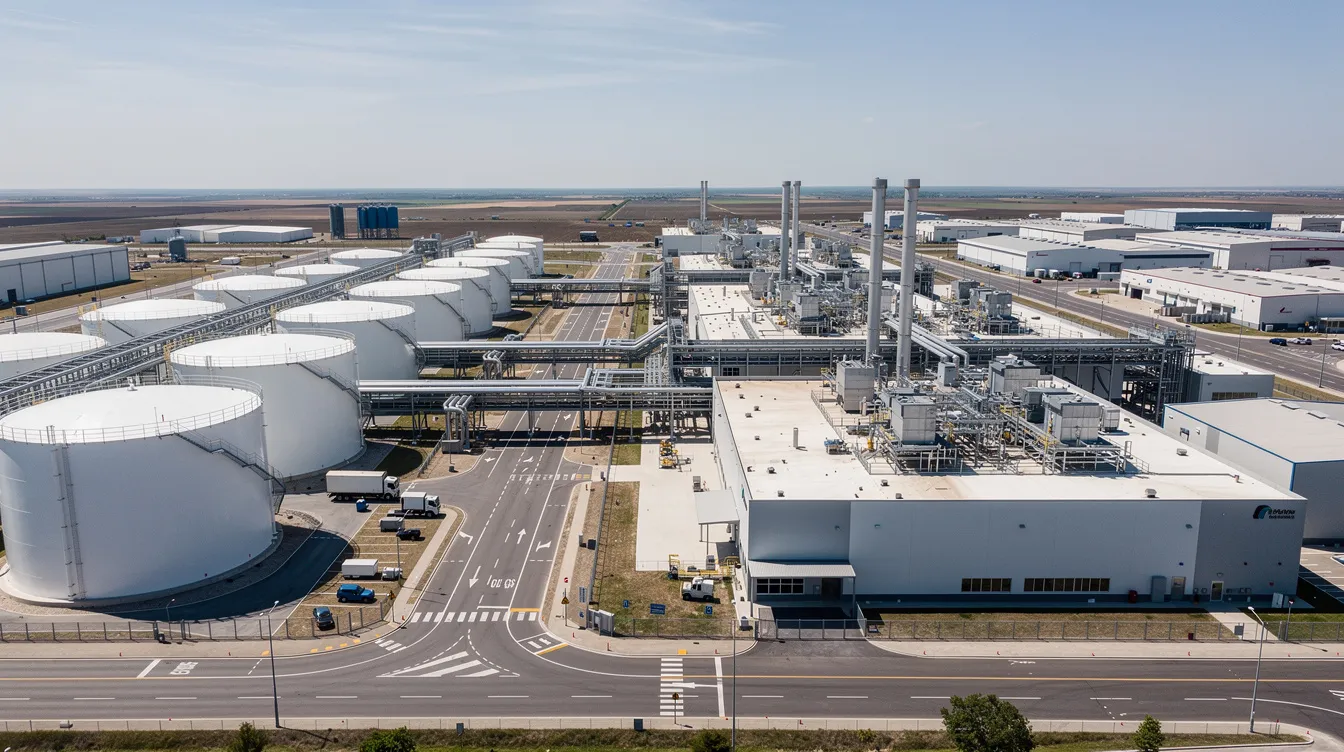 78d58dd1 38c5 447b 94ea 1cc6d66cfe4a An aerial view of an ethanol manufacturing plant showcases various production buildings and large storage tanks, highlighting the facility's operational efficiency and plant capacity. This industrial site is integral to the ethanol production process, reflecting the company's financial projections and operational costs.