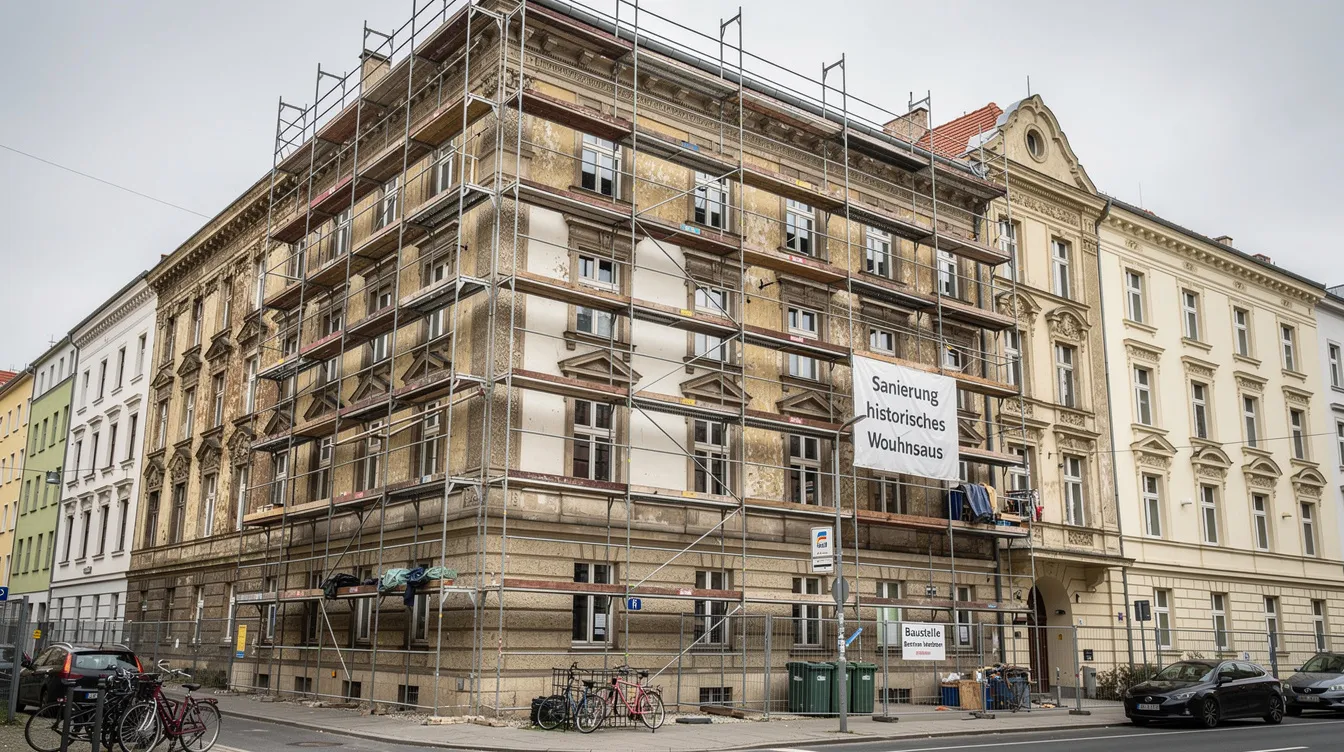 Historisches Berliner Wohnhaus mit Baugerüst an der Fassade während der Sanierung