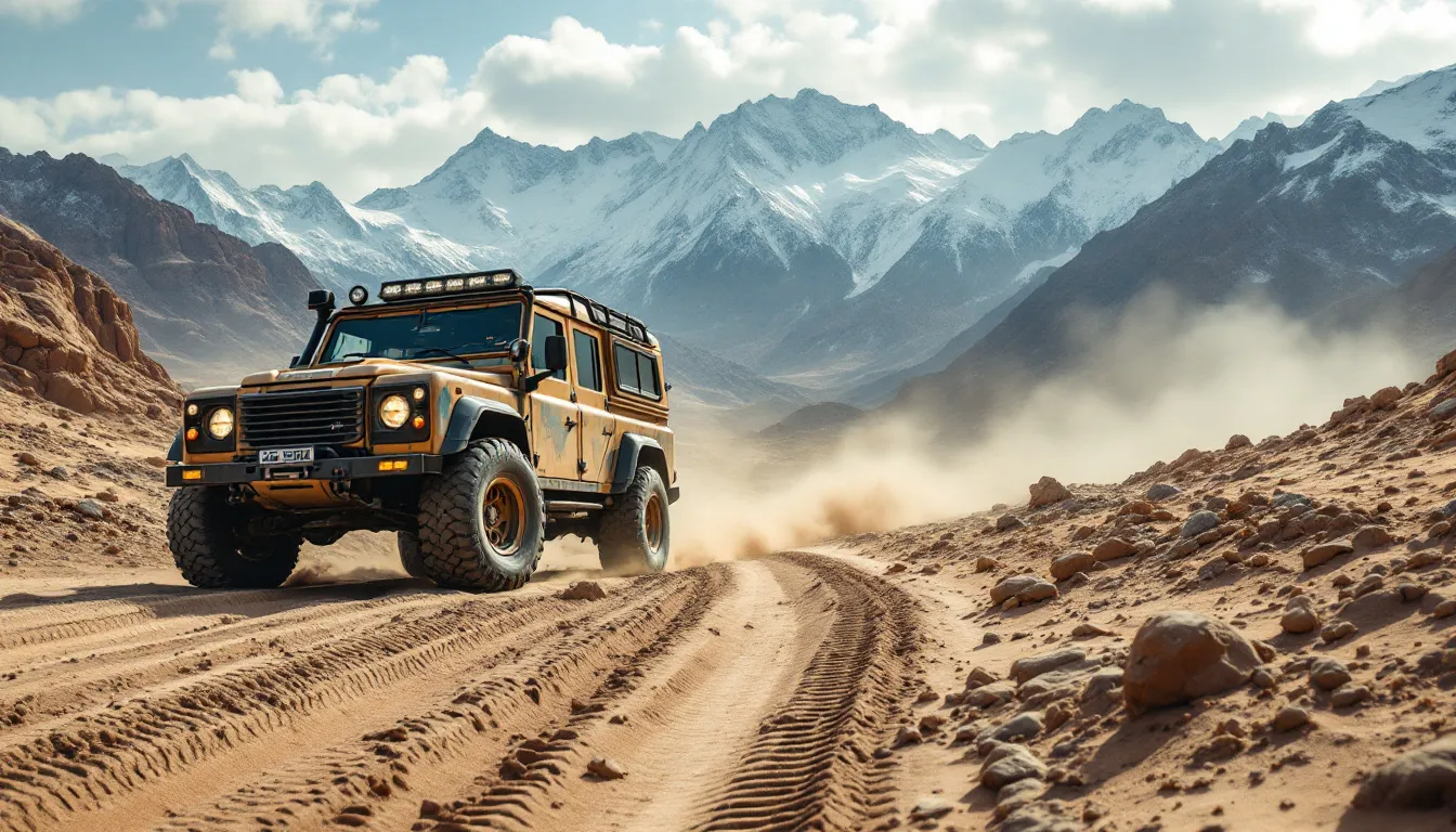 A vehicle navigating through different terrains showcasing all terrain tires.