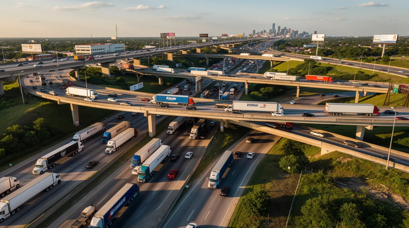 Vista aérea de las autopistas de Houston con un intenso tráfico de camiones comerciales, donde se pueden observar varios vehículos grandes en movimiento. Esta imagen refleja la congestión del tráfico, que puede ser un escenario propenso a accidentes de camión, lo que resalta la importancia de contar con abogados especializados en accidentes en Houston.