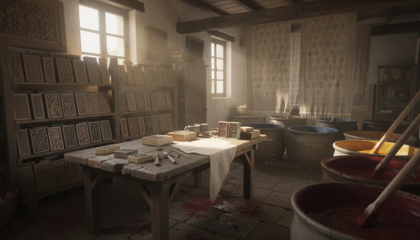 The image depicts a historic printing workshop featuring wooden blocks and natural dye vats used for textile production, reminiscent of the crafts movement that influenced artists like William Morris. The intricate patterns and vibrant colors reflect the enduring beauty and artistry of Morris designs, celebrating the connection between nature and textile creation.