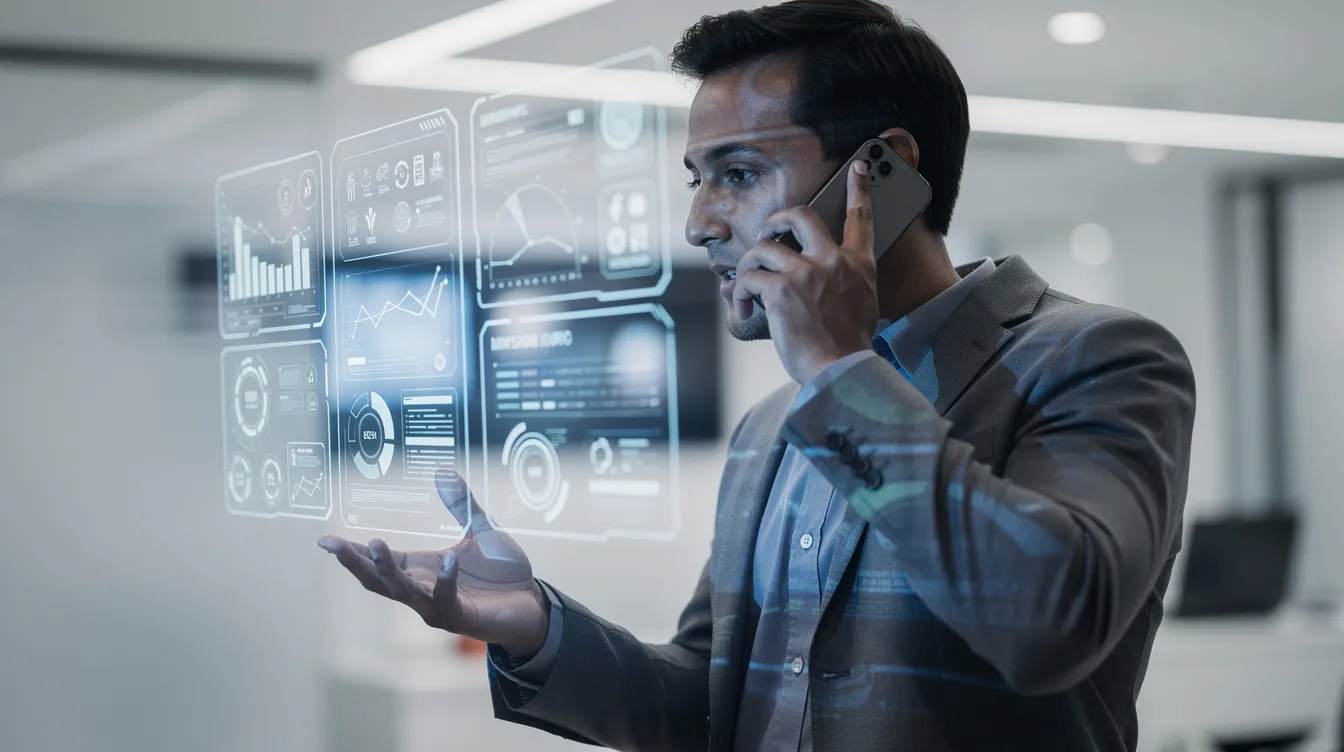 Una persona está hablando por teléfono mientras interactúa con una interfaz digital holográfica que muestra datos y gráficos, representando el uso de la inteligencia artificial en la administración pública. Esta imagen ilustra cómo la tecnología puede facilitar la gestión y toma de decisiones en el sector público.