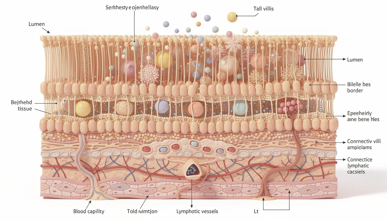 The image depicts a cross-section of the intestinal lining, showcasing small particles being absorbed into cells, illustrating the process of nutrient uptake essential for cellular health. This visualization highlights the importance of effective delivery methods, such as liposomal formulations, in enhancing the absorption of dietary supplements like NMN, which supports healthy aging and overall well-being.