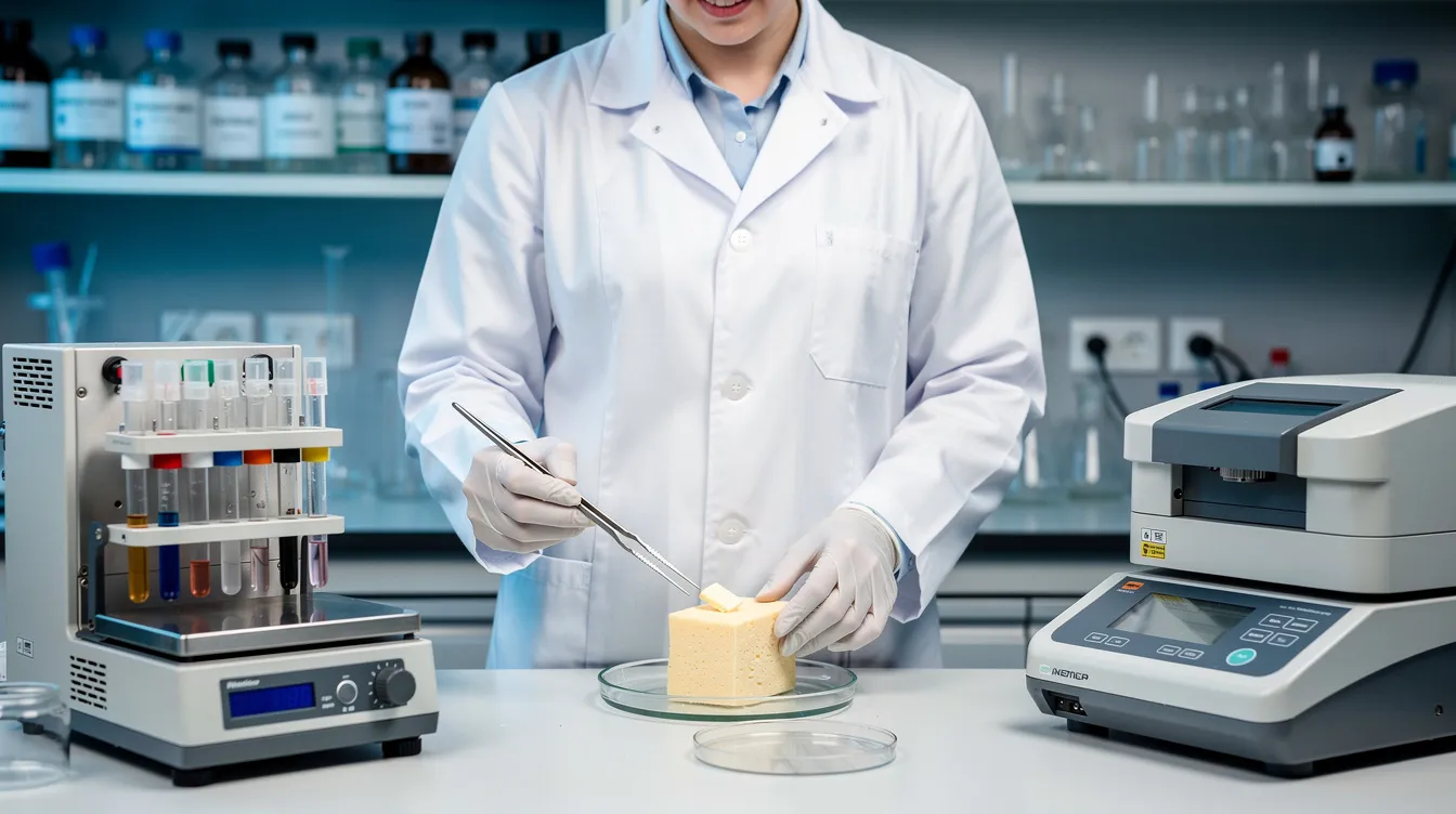 78da6436 d3f1 4fd4 8ae1 0d45f6fb543f A laboratory technician in a white coat is testing a cheese sample using advanced analytical instruments in a quality control lab, ensuring the quality and safety of the processed cheese manufactured in the cheese production process. The technician is focused on evaluating the sample's texture and fat content, which are crucial factors in the final dairy product.
