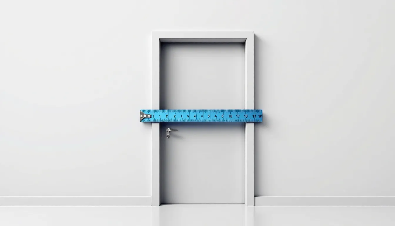 A measuring tape being used to measure the height and width of a door frame for accurate door placement.