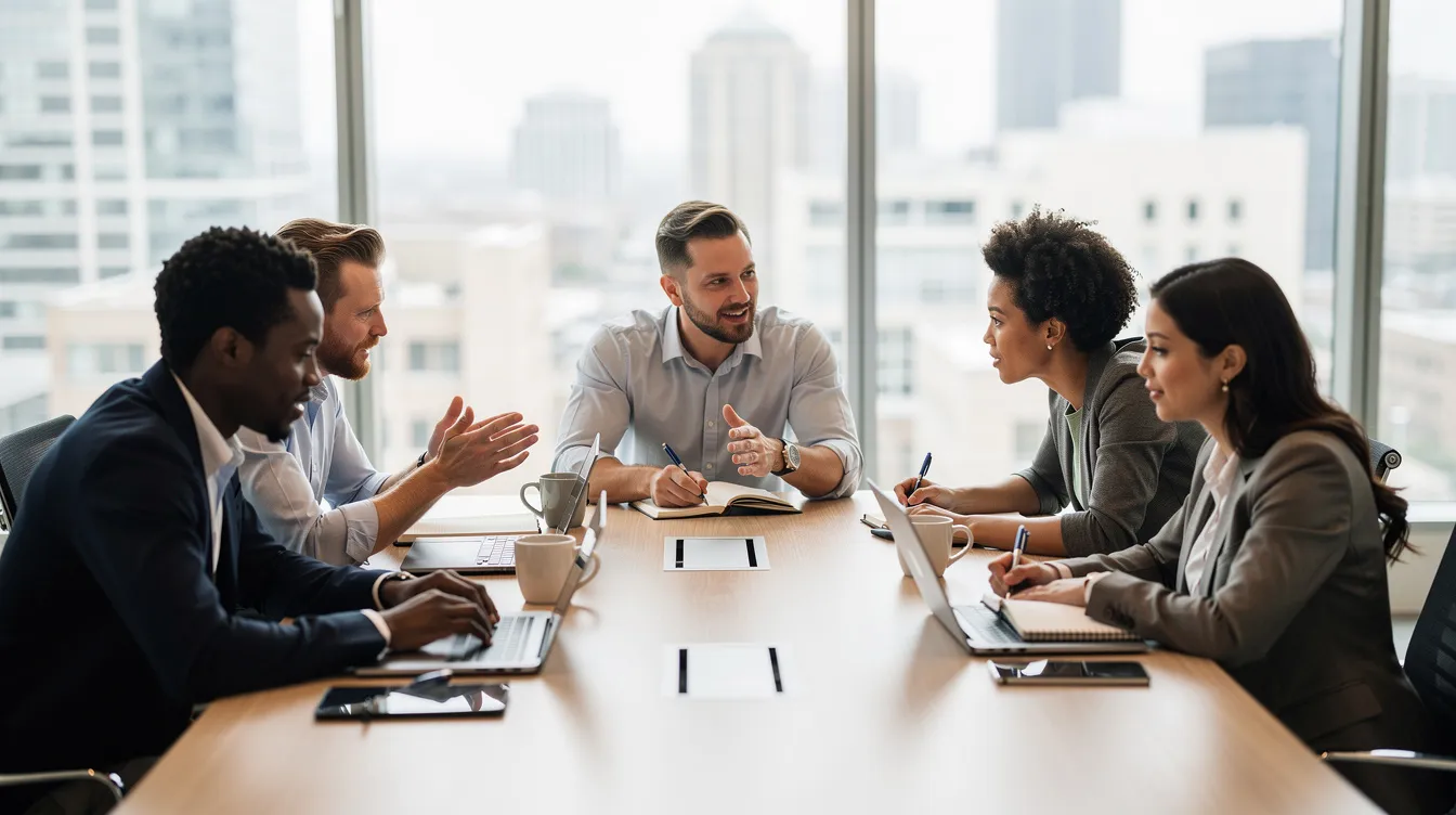 A diverse team of professionals is engaged in a discussion around a table, equipped with laptops and notebooks, focusing on topics related to AI engineering, such as model training and system design thinking. Their collaborative environment reflects a blend of expertise in machine learning and generative AI applications.