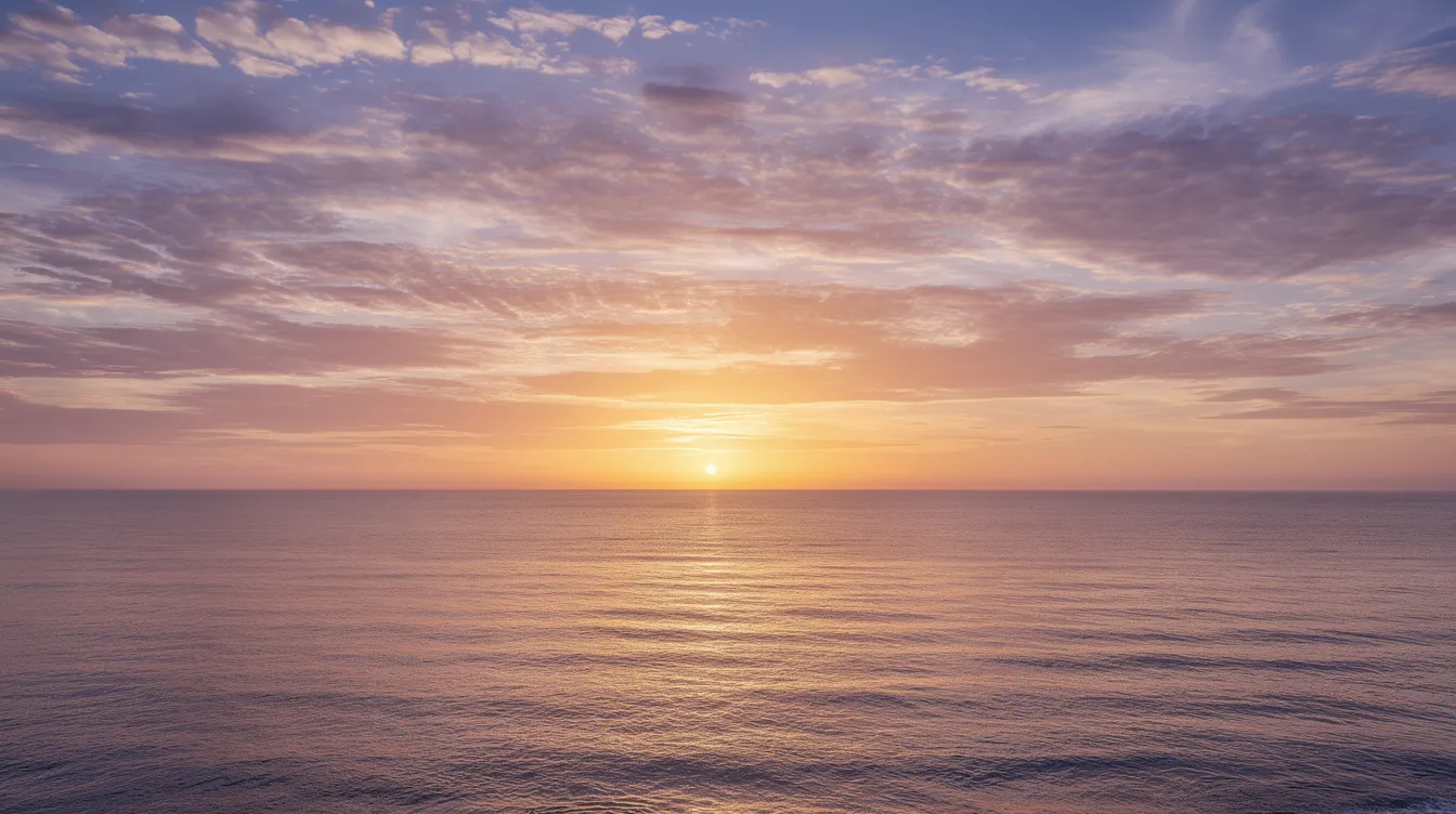 The image depicts a breathtaking sunset over the ocean horizon, with clouds transitioning through a spectrum of colors as the sun dips below the water. This serene scene could evoke feelings of relaxation, which may help those experiencing jet lag symptoms to adjust their sleep patterns and align their body&rsquo;s internal clock with the new time zone.