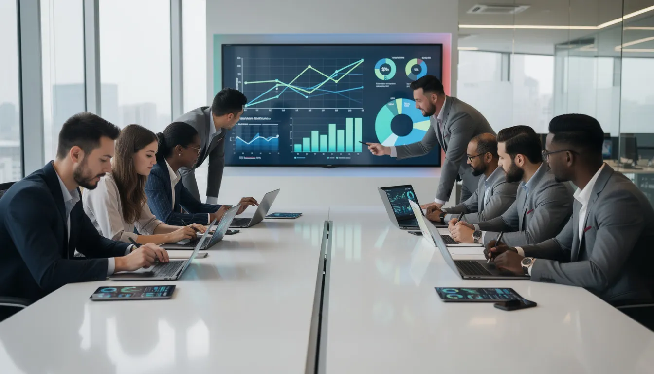 Chamber of commerce team collaborating around digital devices to modernize operations and better support local businesses.