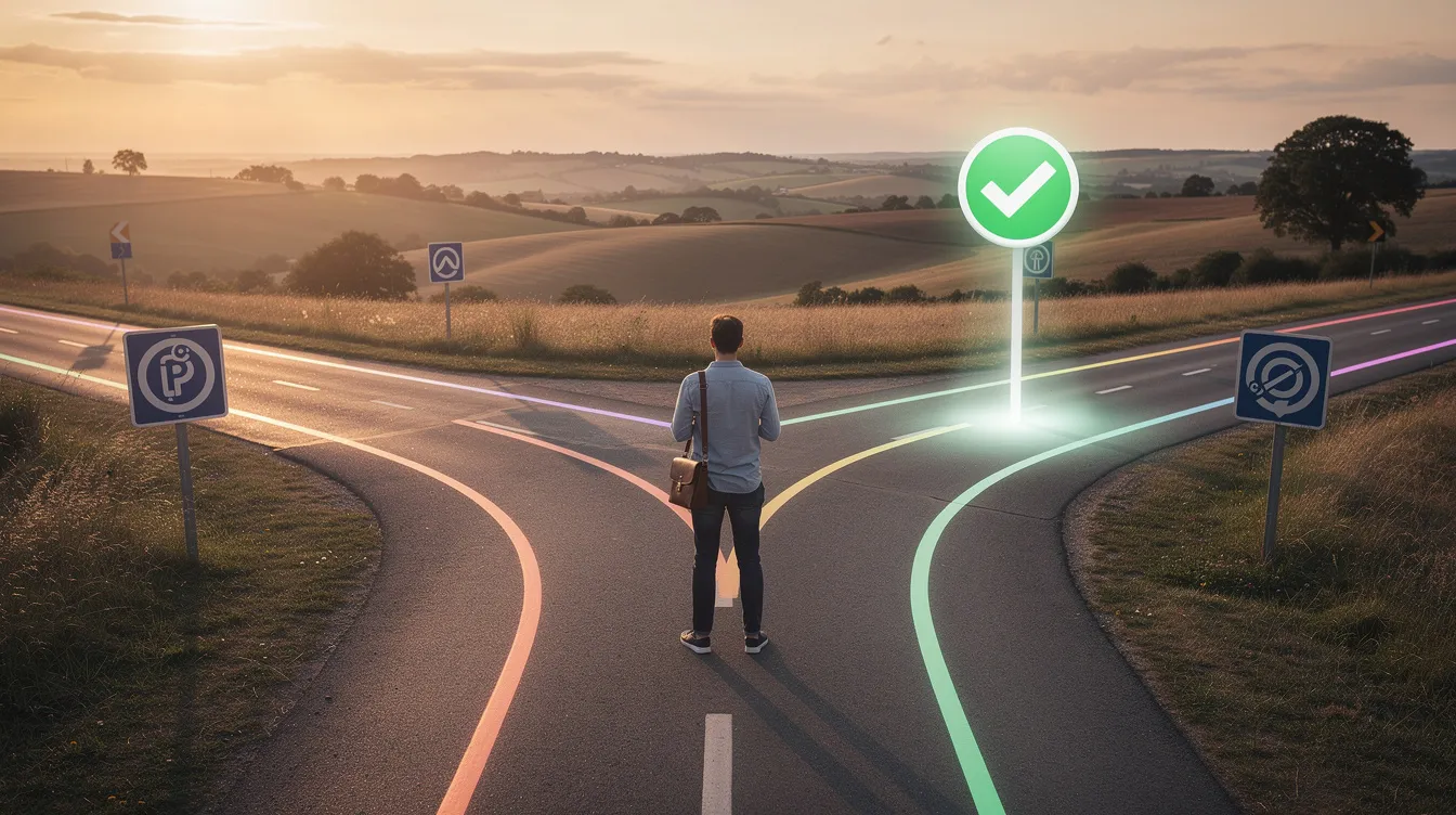 An individual stands at a crossroads, contemplating various platform options for community building, with a checkmark floating above one path, symbolizing a choice for a thriving online community. This scene reflects the decision-making process for selecting the best online community platform, such as Mighty Networks, which offers features like online course creation and community engagement tools.