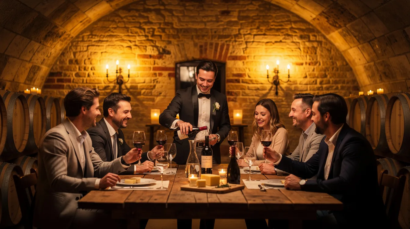 Des personnes dégustent des vins dans une cave voûtée parisienne, créant une ambiance chaleureuse et conviviale, où la passion pour l'œnologie se partage lors de cette expérience unique. Cette soirée de dégustation permet aux participants d'approfondir leur connaissance des cépages et des accords mets-vins dans un cadre authentique.