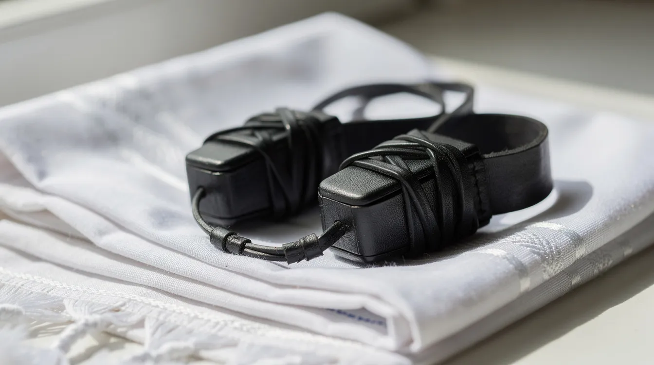 The image features leather tefillin boxes and straps delicately placed on a white prayer shawl, symbolizing the Jewish tradition of daily prayer and the central Shema prayer, which emphasizes love for God and the unity of the Lord. These sacred items represent the faithful obedience to God's commandments as practiced in Jewish worship.