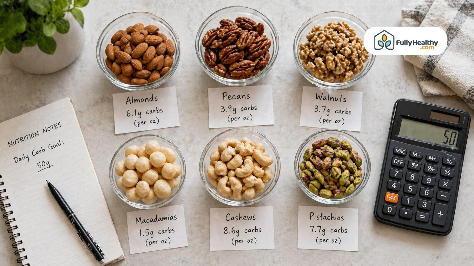 Flat lay of nuts with carb labels calculator and meal planning notes