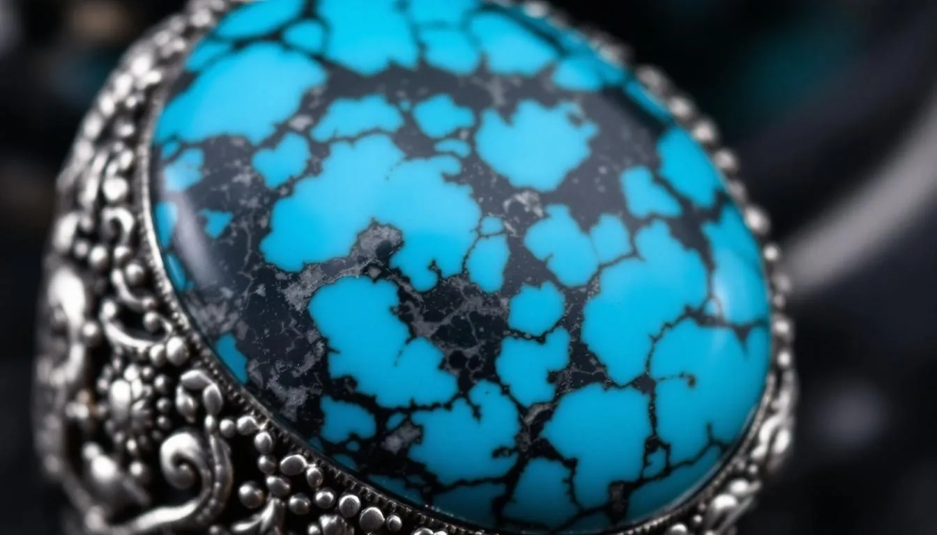 The image showcases a stunning piece of jewellery featuring Persian turquoise, a prized December birthstone known for its vibrant sky blue color. This oval-cut gemstone is set in a beautifully crafted ring, highlighting its natural beauty and rarity among gemstones.