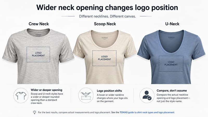Crew neck, scoop neck, and U-neck T-shirts showing how neckline width affects logo placement