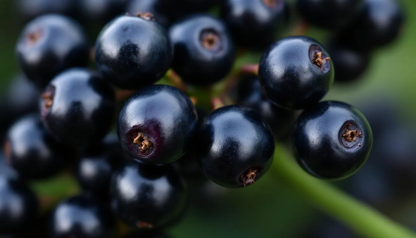 The image shows a close-up view of dark black elderberries, belonging to the sambucus nigra species, clustered on the stems of an elderberry shrub. These ripe fruits are known for their antioxidant properties and are often used in fresh eating or for making juice.