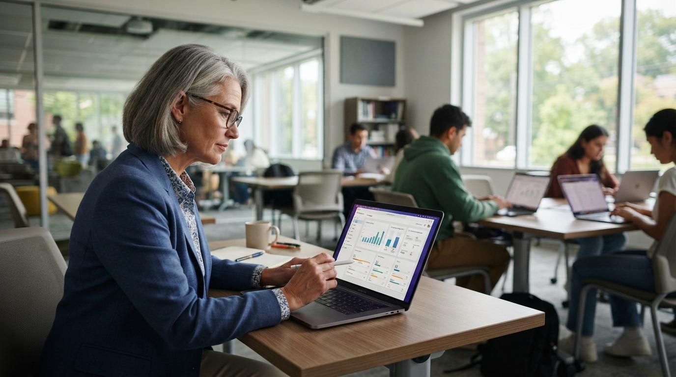 Photorealistic university professor reviewing student progress on a laptop while students work independently in a modern classroom, emphasizing human oversight and responsible AI-assisted learning, natural lighting.