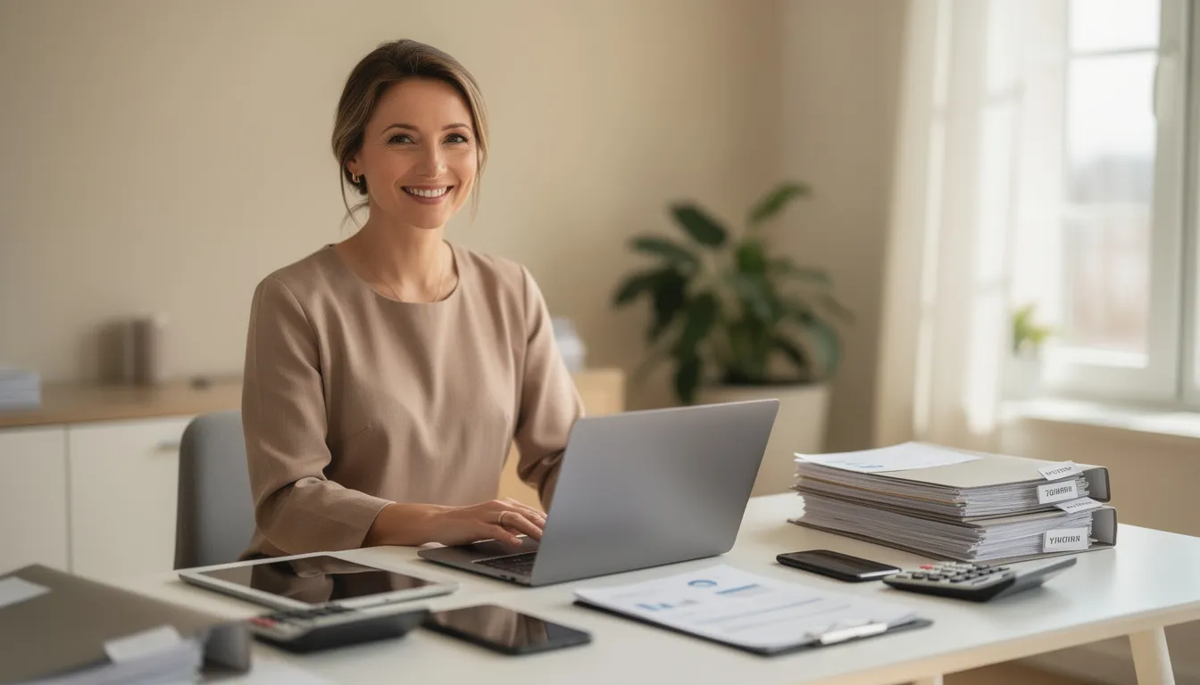 A confident small business owner stands in a modern workspace, smiling as they review neatly organized financial documents, such as tax refund statements, on their clean desk, which includes a laptop and a tablet. The warm, natural light and professional details reflect a sense of growth and optimism about the future of their business after securing financing, emphasizing their success from a recent visit to explore financial products available to small businesses.